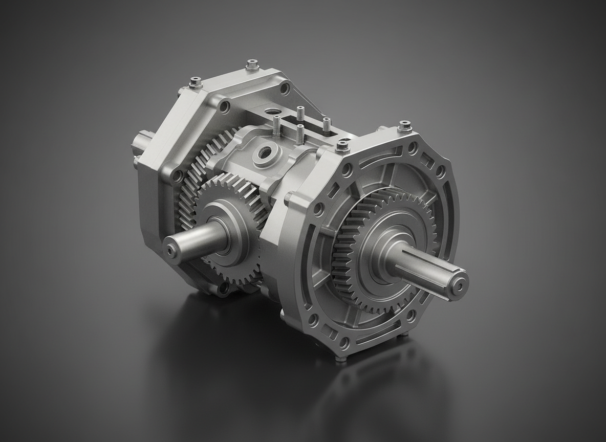 A meticulously detailed stainless-steel gearbox assembly rendered as a precision 3D model, with chamfered edges, perfectly threaded bolts, and subtle brushed-metal textures on each component. The model sits alone on a seamless matte dark-grey surface that gently reflects its underside, evoking a professional studio setup. Neutral, soft studio lighting from both sides creates clean highlights along edges and accurate, technical shadows that enhance the engineering detail. Photographic realism with a clean, modern aesthetic, captured at a three-quarter elevated angle to showcase depth and complexity. Background falls into a smooth gradient with slight vignette, keeping full focus on the model. The atmosphere feels exacting, technical, and trustworthy, ideal for a portfolio of precision 3D engineering work.