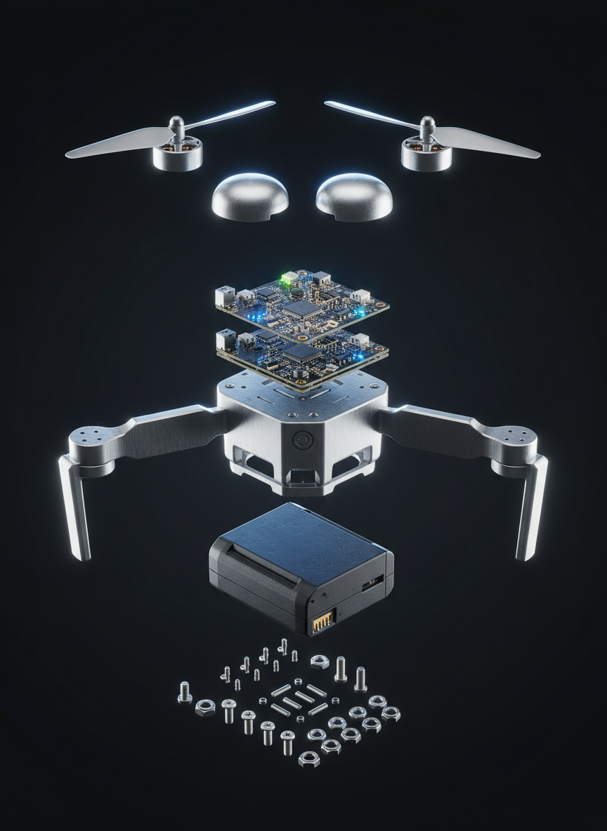 An exploded-view 3D model of a compact brushed-aluminum consumer drone, each component—propellers, motor housings, circuit boards, battery pack, and fasteners—carefully spaced along a central axis. The parts float in a controlled, symmetrical arrangement above a matte black backdrop, creating an elegant technical diagram feel in photographic style. Focus is sharp across the entire depth, with crisp rim lighting from both left and right accentuating edges, and a cool overhead light providing soft reflections on metallic surfaces. Subtle blue-tinted backlight separates the silhouette from the background. The composition is centered and perfectly balanced, giving a sense of clarity and precision. Atmosphere is analytical and high-tech, ideal for demonstrating the fidelity of purchasable 3D product models.