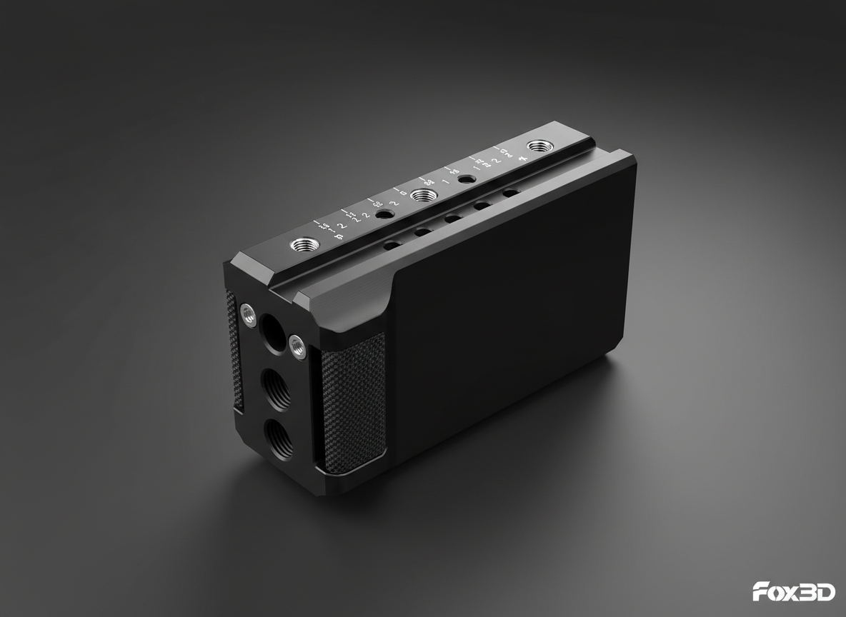 A photorealistic 3D render of a matte-black, CNC-machined aluminum camera rig component, featuring knurled grip sections, engraved measurement markings, and precisely countersunk screw holes. The part rests diagonally across a smooth charcoal background with a soft gradient, giving a premium, product-photography feel. A single softbox from the upper right creates a clean highlight along the longest edge, while a weaker fill from the left preserves detail in the shadows. Composition uses the rule of thirds, with a shallow depth of field isolating the central portion of the component and leaving the extremities gently out of focus. The atmosphere is refined and technical, showcasing Fox3D’s capability to deliver marketplace-ready models for high-end creative hardware.