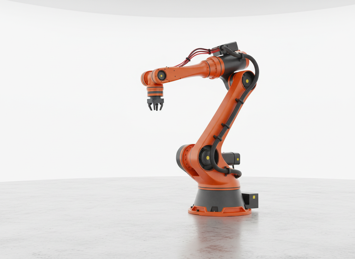 A highly realistic 3D model of an orange-and-charcoal industrial robot arm, constructed from powder-coated steel segments with visible joint housings, cable routing channels, and finely beveled edges. The robot stands on a textured, light concrete floor in a minimal, bright-white virtual studio environment, with faint reflections grounding it in space. Soft, diffused overhead lighting creates gentle specular highlights on the metal and plastic surfaces, emphasizing the accuracy of materials. Shot at eye level with a subtle wide-angle lens to capture the full arm and base, framed slightly off-center using the rule of thirds. The mood is professional and forward-thinking, with clean photographic realism that highlights engineering precision and marketplace-ready presentation.