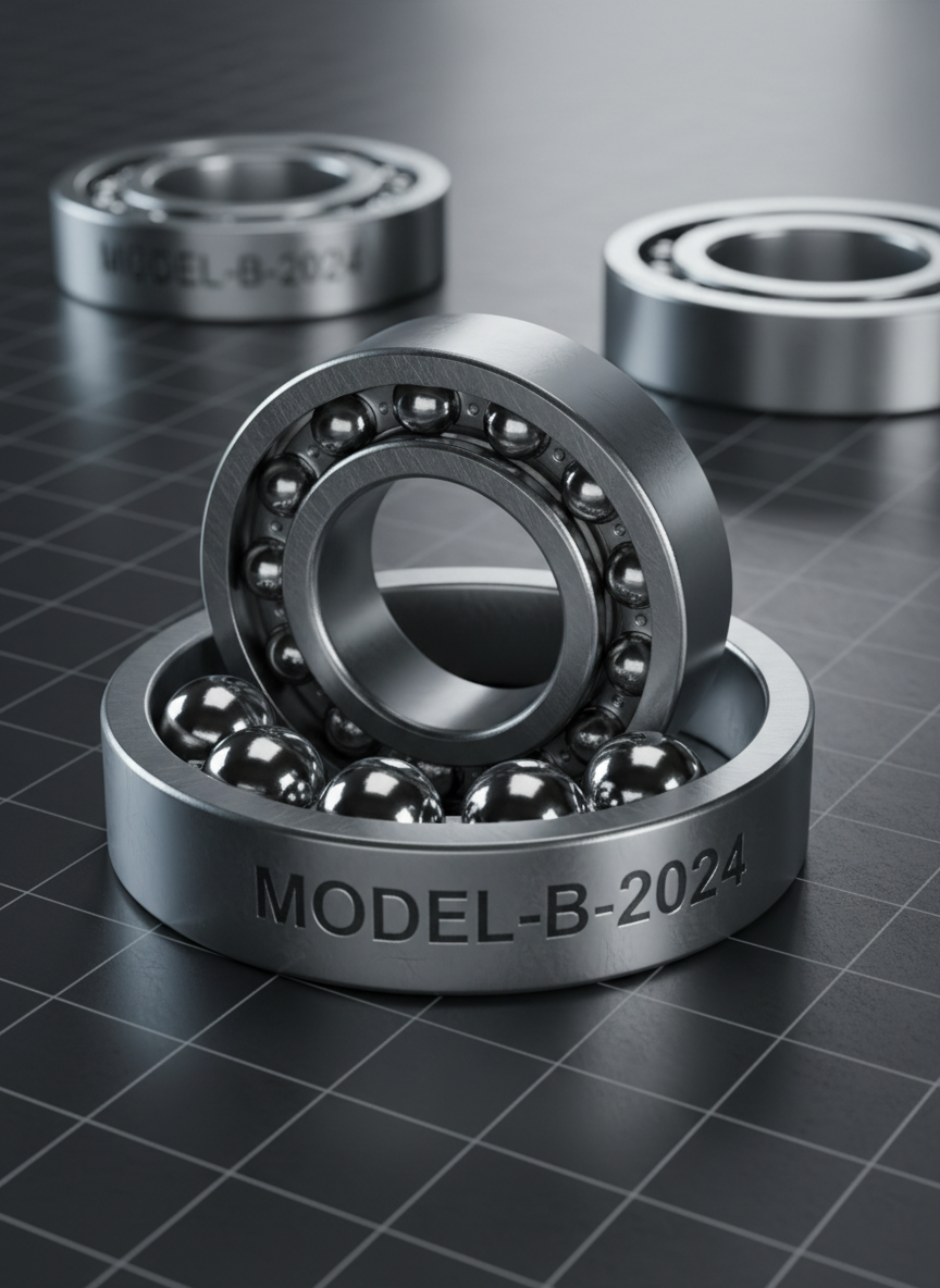 A hyper-realistic 3D model of a brushed stainless-steel ball bearing assembly, with individual polished balls, precision-ground races, and engraved part numbers along the outer ring. The bearing rests partially disassembled on a dark, satin-finish engineering workbench surface with faint measurement grid markings. A shallow depth of field keeps the front bearing in razor-sharp focus while softening identical spare bearings in the background. Cool, directional side lighting from the left creates crisp reflections and micro-scratches on the metal, while a soft fill from the right controls contrast. The mood is technical yet elegant, with a photographic, product-shot aesthetic that communicates quality and accuracy for a professional 3D modeling portfolio.