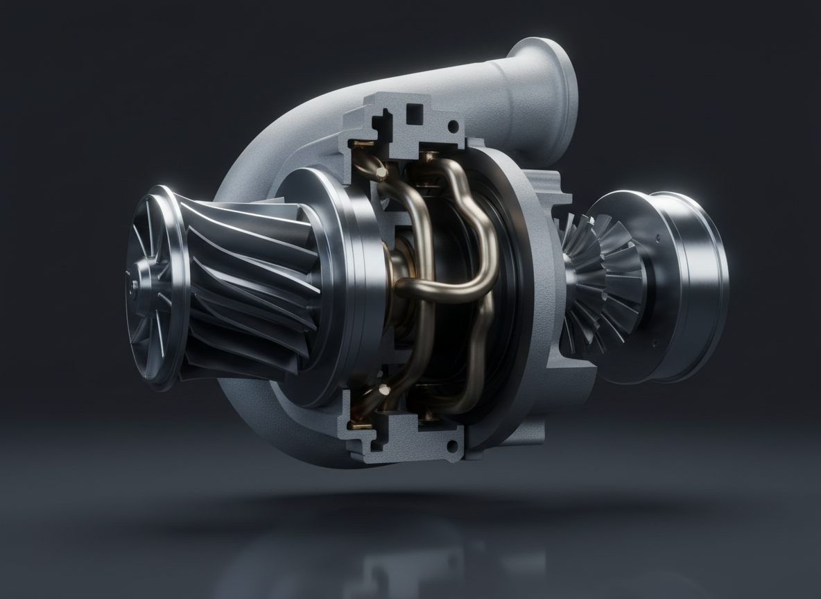 A cutaway 3D model of a complex automotive turbocharger, showing internal turbine blades, compressor housing, and fluid channels with accurate metal and cast textures. The turbocharger is suspended in a minimalist studio void, with a faint, semi-reflective dark surface beneath to suggest grounding. Dramatic three-point photographic lighting creates bright edge highlights on the machined faces and subtle shadows within the cutaway sections, enhancing depth and technical clarity. The camera is positioned close with a slightly telephoto lens, focusing tightly on the exposed internals while letting outer edges gently blur. The mood is bold and engineering-focused, communicating both power and precision, perfectly suited to showcasing advanced mechanical 3D assets for purchase.